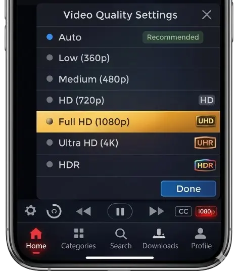 Smart Play APK video quality options on mobile player