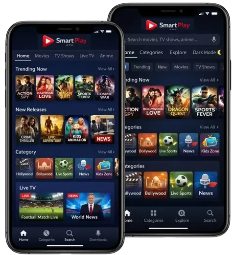 Smart Play APK app interface displayed on two smartphones