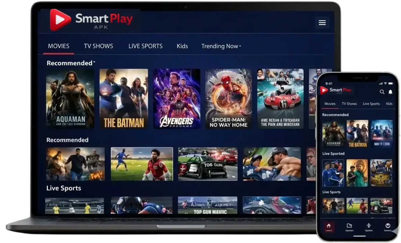 Smart Play APK app interface on laptop and smartphone