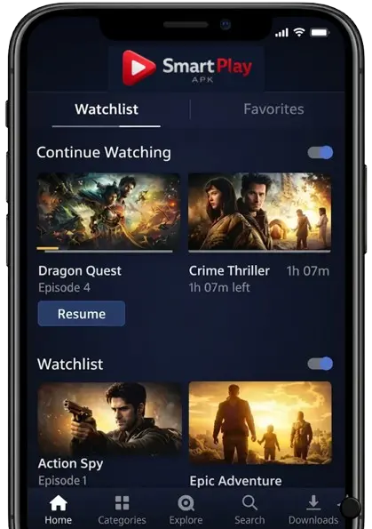 Smart Play APK watchlist and continue watching screen